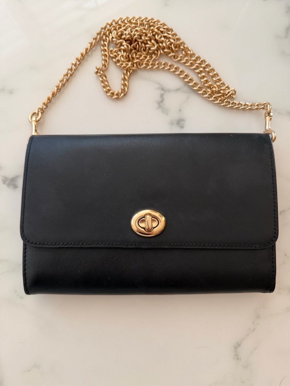 Coach Black Leather Crossbody with Gold Chain Strap